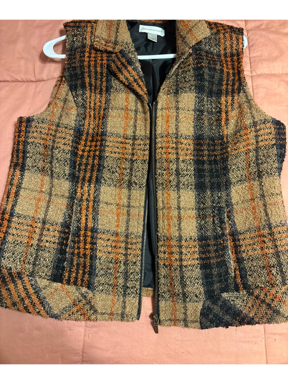 Christopher & Banks Textured Plaid Bouclé Vest in Brown, Navy & Orange